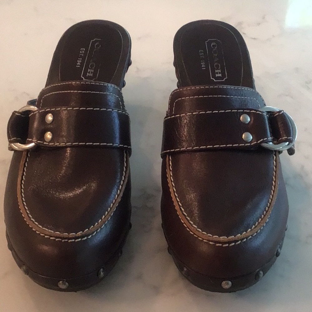 Coach womens shoes- Raina Wooden Leather Clog 8.5 Brown